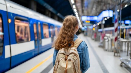 Woman at train station with backpack.