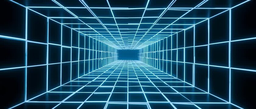 Abstract neon grid tunnel creating an infinite futuristic pathway in a dark digital space, representing technology, cyberspace, and virtual reality concepts with luminous blue lines