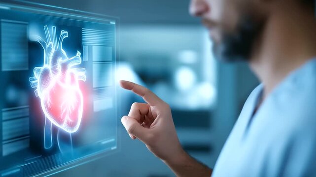 Medical heart monitoring futuristic laboratory defocused background copyspace, faceless cardiac technology, health visualization detail, blurred blue setting, medical concept, moni