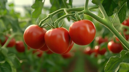 Ripe tomatoes growing on a green vine in a garden setting