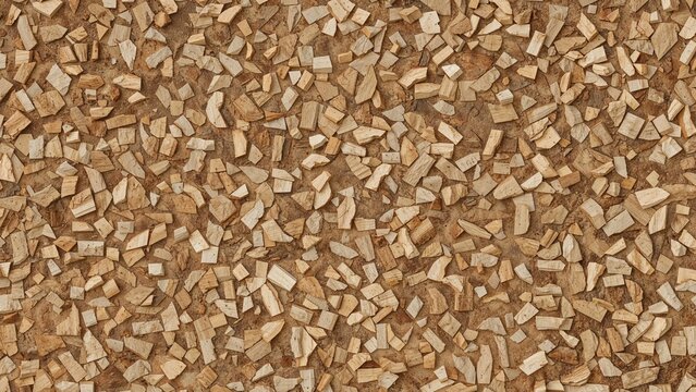 Small wood chips spread out on the ground, creating a textured surface.