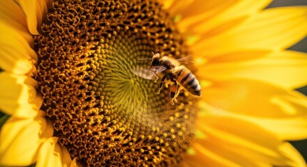 Close-up of a bee pollinating a vibrant yellow sunflower in a sunny field.