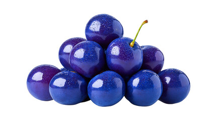 Fototapeta premium Fresh juicy plum fruit with water droplets, stacked in pyramid shape, isolated on transparency background, vibrant blue color, healthy and delicious
