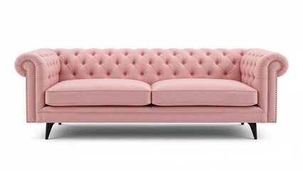 Obraz premium Pink tufted sofa with rolled arms and black legs.