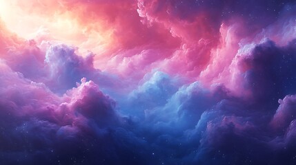 Dreamy cosmic clouds background in pink, peach, and blue with stars abstract nebula