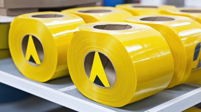 Rolls of bright yellow safety tape with warning symbols neatly stacked on a shelf in a storage area