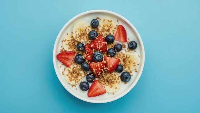 A bowl of yogurt with strawberries, blueberries, and granola on a blue background. Fresh fruit, breakfast, and healthy eating. Fruit toppings and dairy. - Powered by Adobe