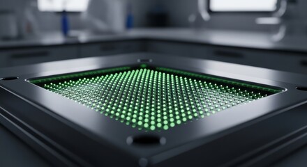 Close-up of a high-tech illuminated green grid surface.