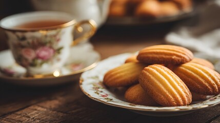 Small shell shaped cakes rest on a decorative plate beside a floral teacup filled with amber beverage