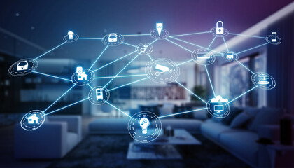 A smart home network connecting various devices and services with glowing blue lines, illustrating the Internet of Things.