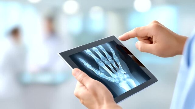 Digital tablet showing animal paw defocused x-ray veterinary, faceless clinic technology, radiograph visualization detail, blurred medical background, animal healthcare concept, di