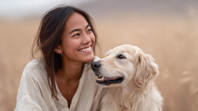 Woman and her golden retriever looking together into the distance, finding pure joy and companionship while spending time outdoors amidst a natural, blurred background - Powered by Adobe