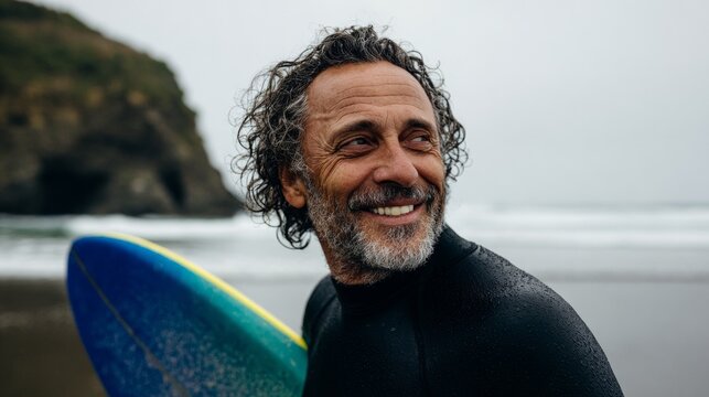 Man with beard smiling at camera while holding surfboard.