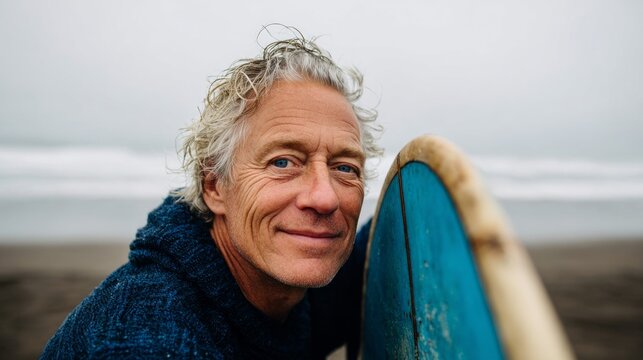 Man at beach with surfboard. - Powered by Adobe