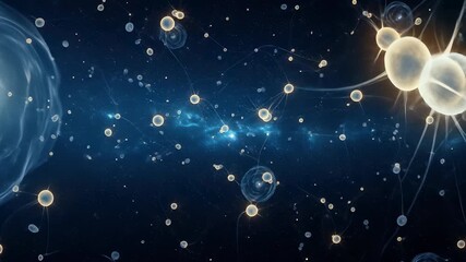 Abstract blue background with glowing particles, swirling nebula, and connected geometric shapes. Digital network and futuristic concept with dynamic lighting. - Powered by Adobe
