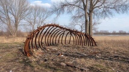 Rusty bent metal poles form a curved decaying arch structure in an outdoor field with bare trees and blue sky