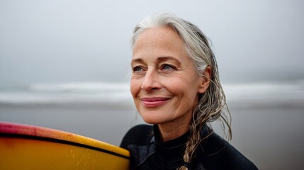 Woman surfer in wetsuit holding surfboard on beach during rainy day.