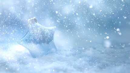 Sparkling glass star ornament resting on soft snow, surrounded by falling snowflakes, creating a serene winter atmosphere with a festive holiday spirit