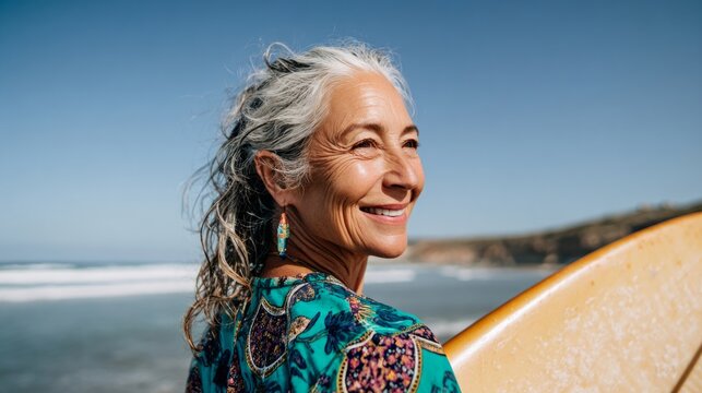 Woman holding surfboard on beach.