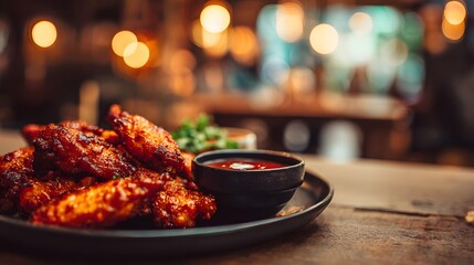 Flavorful grilled poultry pieces served with a dipping sauce on a dark plate inside a dimly lit establishment