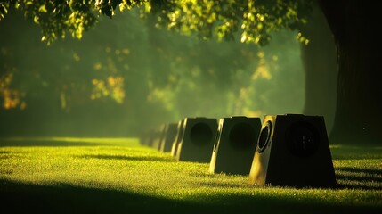 Security sensor arrays deployed in a discreet line on a grassy field with dappled sunlight and trees in the background
