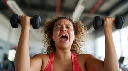 Woman lifting weights in gym.