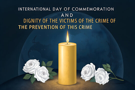 Commemoration graphic with lit golden candle, white roses, dark blue background, and Earth motif for December 9 dignity observance generative ai