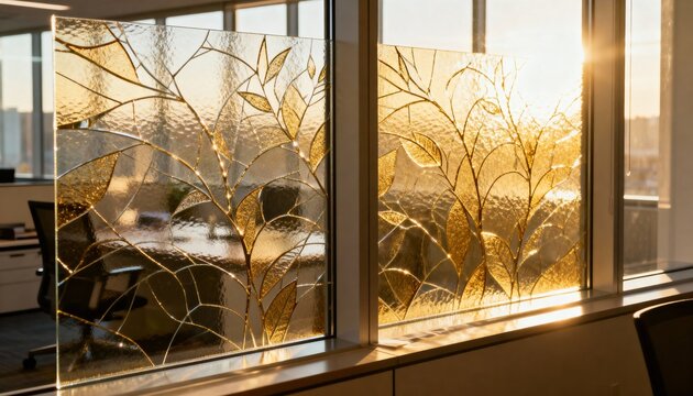 Medium shot of decorative highimpact window film being installed in an office window combining safety with aesthetic appeal and sunlight filtering.