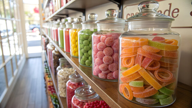 A sunlit bakery shelf lined with clear glass jars brims with colorful candies in a jubilant spectrum of orange, pink, and green—each jar a gleaming jewel box of edible art - Powered by Adobe