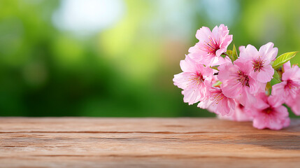 Pink cherry blossoms arranged on a wooden table, with a soft blurred green background, creating a serene and tranquil atmosphere for nature lovers and floral enthusiasts