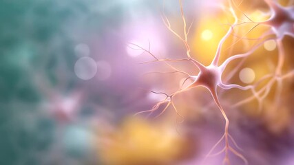 Microscopic view neuron with branching defocused axons vibrant, faceless scientific setting, neural visualization detail, blurred colorful background, neuroscience concept, medical - Powered by Adobe