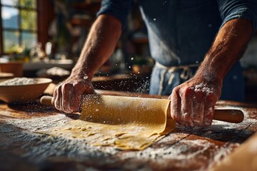 Hands skillfully rolling fresh pasta dough on a wooden table in a rustic kitchen during the morning light