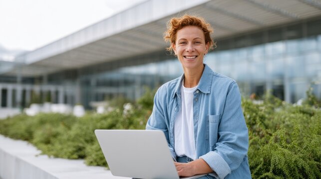 Woman using laptop outdoors at modern building.