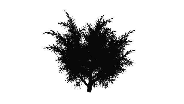 Dense evergreen shrub silhouette with spiky foliage and visible trunk base, detailed black vector graphic for nature design, isolated on white background
