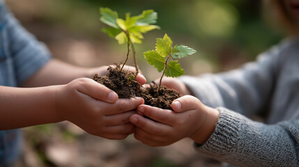 Authentic youngsters hands planting tree seedling faceless children defocused natural background environmental education inspiration family sustainability concept ecological