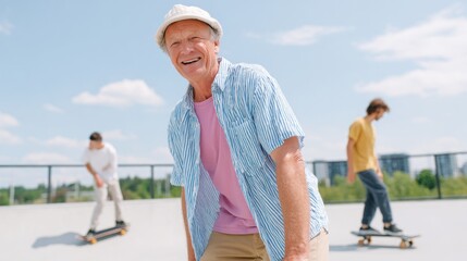 Old man skateboarding at a park.