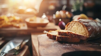Sliced bread and breakfast elements on a rustic wooden table
