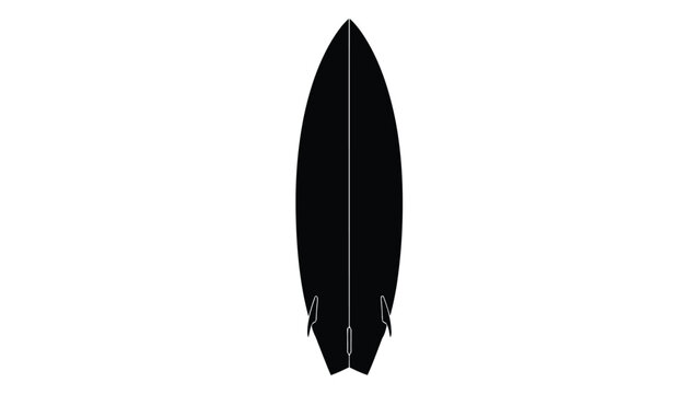 Black silhouette of a short surfboard viewed from the bottom showing fins and tail shape, minimalist vector graphic design for water sports, isolated on white background