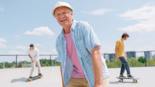 Old man skateboarding at a park.