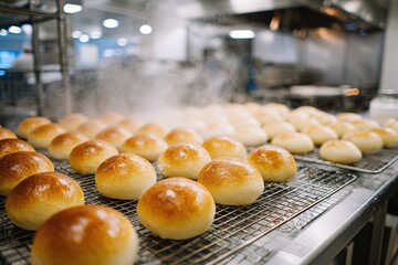 Freshly baked bread rolls cooling in a bustling kitchen after a busy morning of preparation and baking