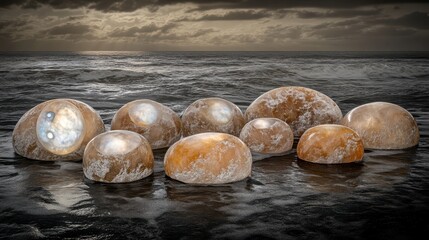 Smooth polished moonstones arranged on a wet shore with the ocean and cloudy sky in the background
