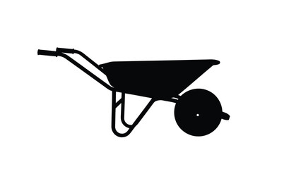 Simple black silhouette of a single wheelbarrow tool for gardening and construction work, clean vector graphic icon design, isolated on white background