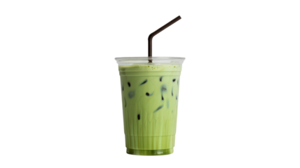 Iced Green Tea Latte in Transparent Plastic Cup Displayed With Dark Brown Straw Against Gray Backdrop Ideal for Beverage Coffee Shop and Refreshment Themes and Drink Related Projects