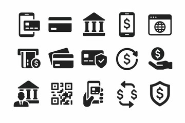 Digital banking icons: mobile payments, cards, transactions, security, finance