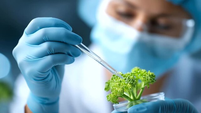 Scientist extracting liquid from broccoli defocused sample pipette, faceless food research, healthy visualization detail, blurred development background, nutrition concept, researc