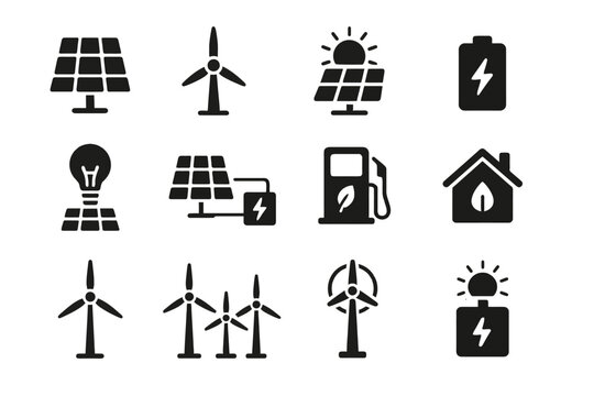 Renewable energy icons: solar, wind, battery, light bulb, fuel, house