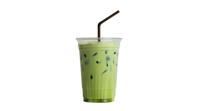 Iced Green Tea Latte in Transparent Plastic Cup Displayed With Dark Brown Straw Against Gray Backdrop Ideal for Beverage Coffee Shop and Refreshment Themes and Drink Related Projects