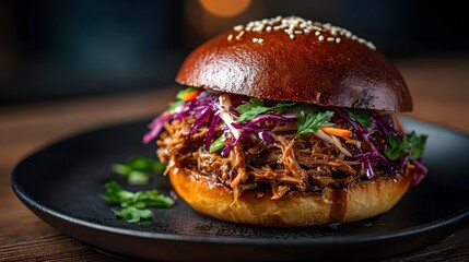 Hearty pulled meat sandwich piled high with vibrant coleslaw and fresh herbs rests on a dark plate