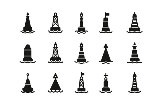 Set of various nautical buoy silhouettes in different shapes and designs