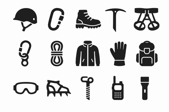 Essential mountaineering gear icons: helmet, carabiner, boots, ice axe, harness, backpack